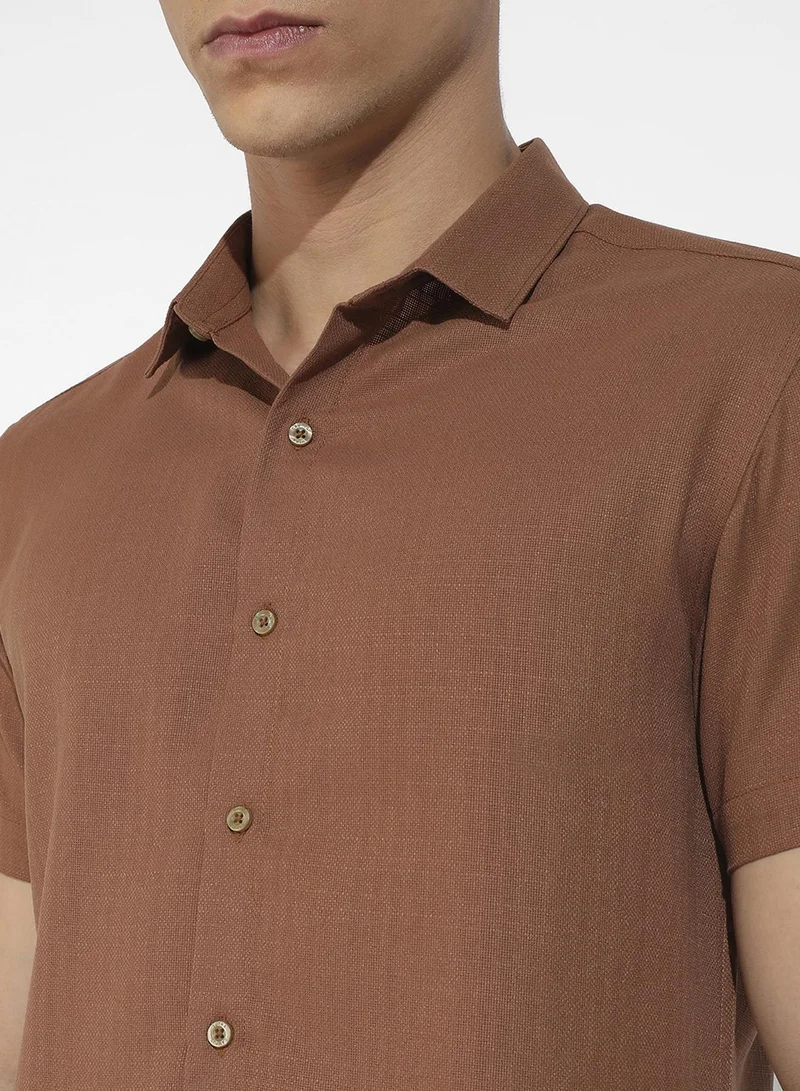CAHOOT  Men's Brown Basic Textured Co-Ord Set For Casual Wear | Spread Collar | Short Sleeve | Button Closure | Cotton Co-Ords Crafted With Comfort Fit For Everyday Wear for Men | Best Price UAE